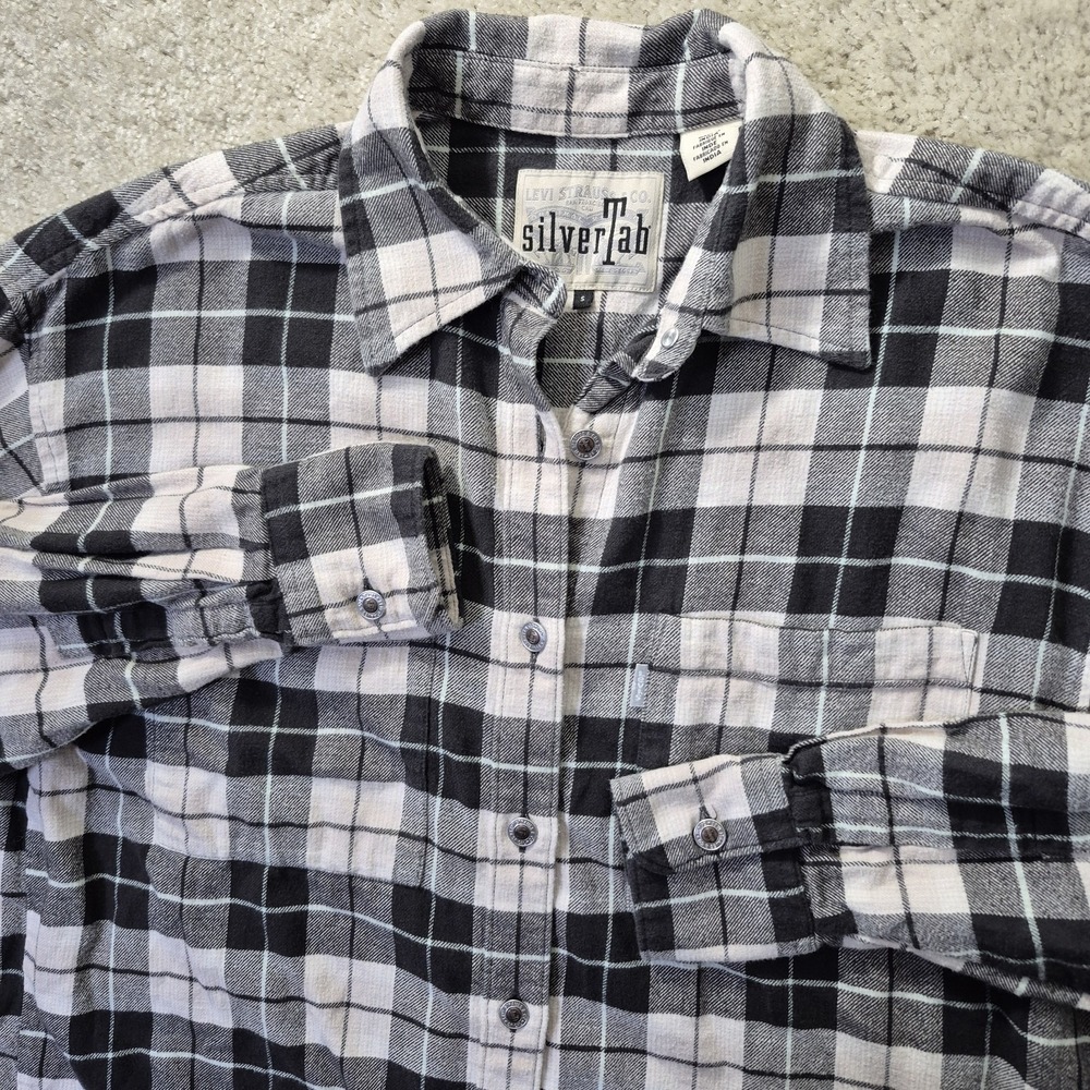 Levis Silver Tab Flannel Shirt Women Small Oversized Plaid Black White Boyfriend